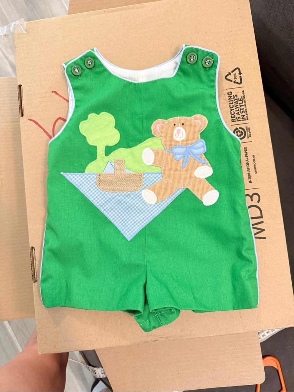 Green Baby Romper with Teddy Applique